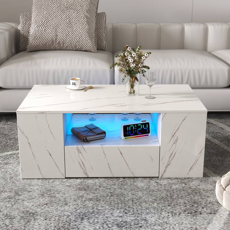 14.57" High LED Coffee Table ,Modern Coffee Tables Center Storage Table with 2 Drawers and Open Side Shelf - White