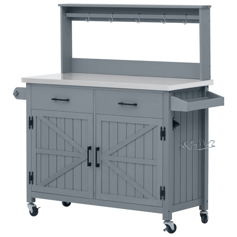 54.1" Outdoor Kitchen Island,Outdoor Grill Cart on Wheels, Potting Bench Table with Stainless Steel Top and Storage Cabinet