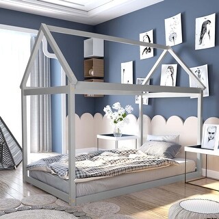 Twin House Bed Frame Solid Wood Kids Platform Floor Bed with Roof