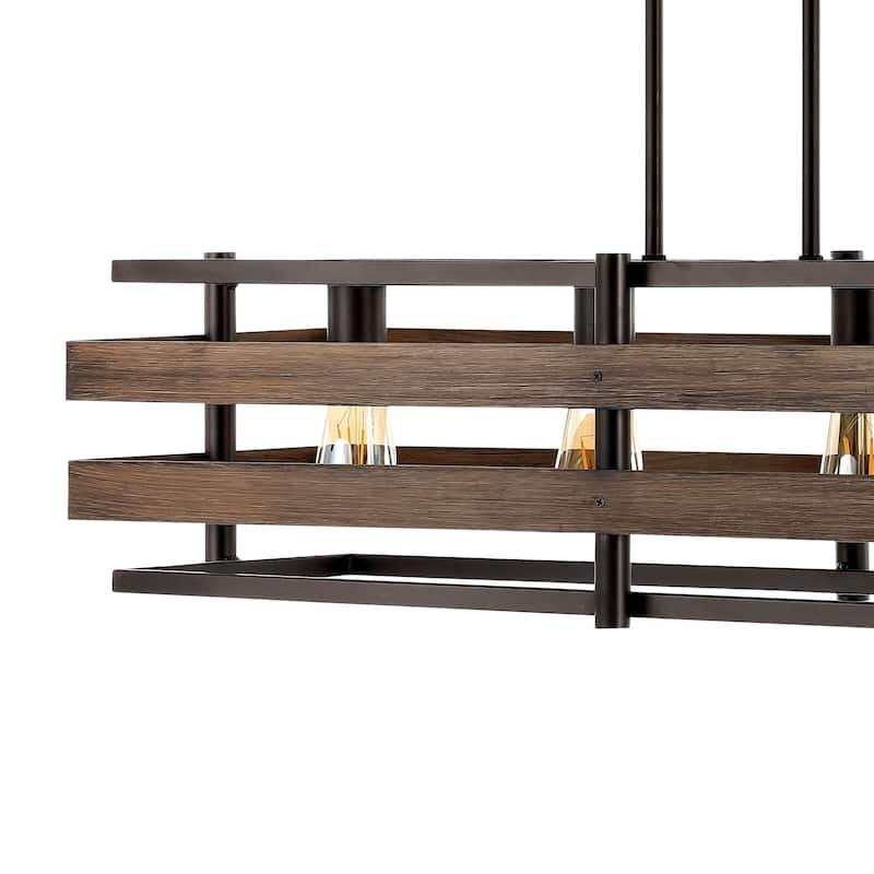 Lyla 34" 4-Light Rustic Farmhouse Iron Linear LED Pendant, Wood Finished/Oil Rubbed Bronze by JONATHAN Y - 4 Light