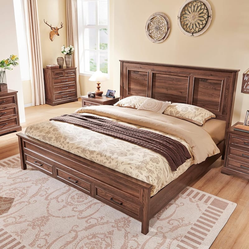 Farmhouse King Wood Bed Frame with Headboard, Platform Bedframe - Brown