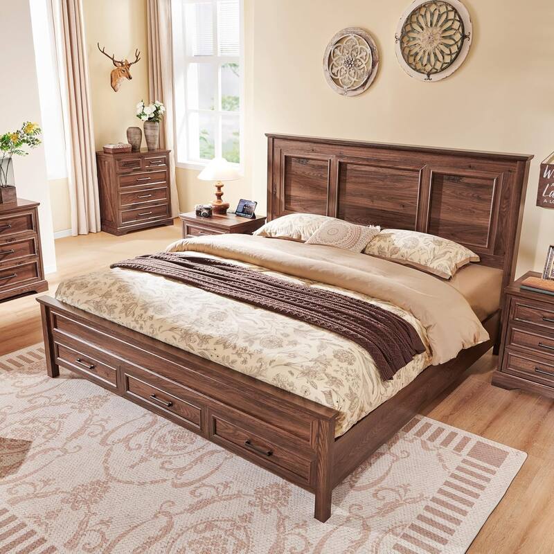 Farmhouse Queen Wood Bed Frame with 52" Tall Headboard & Footboard