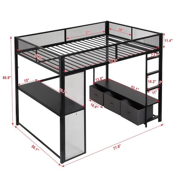 dimension image slide 1 of 2, Gaming Loft Bed with LED and Storage, Full Size Bed with Desk,Drawers