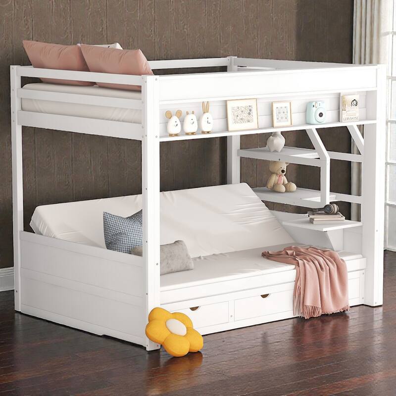 Full Size Convertible Bunk Bed with Storage Staircase, Daybed Pull-Out Design, Bedside Table, and 3 Drawers