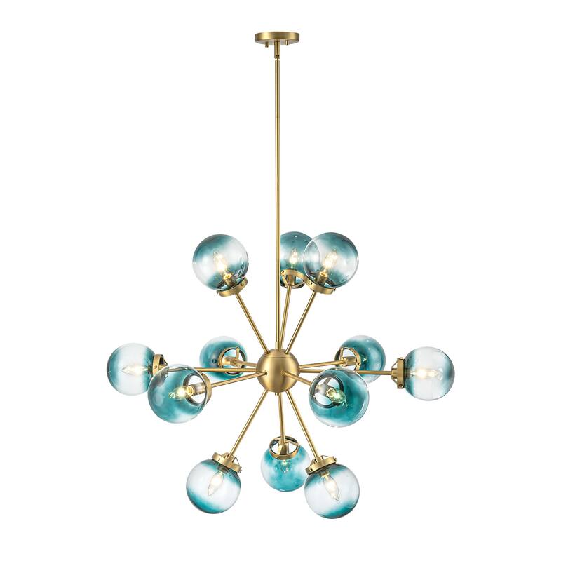 12-Light Modern Glam Brushed Gold Linear Sputnik Gradient Blue Glass Globe Bubble Chandelier - 37.7 in. W x 30.3 in. H