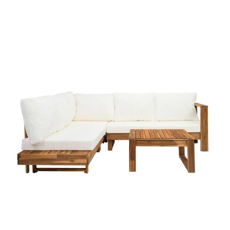 4-Piece Acacia Wood Outdoor Sectional Patio Sofa Set with Cushions and Coffee Table, Natural Slatted Design