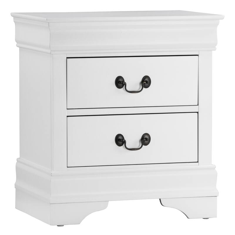 Traditional White Nightstand, Antique Drop Handles, Drawers, Bedside Table