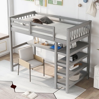 Twin Pine Loft Bed with Desk, Shelves & Guardrails - Durable Design