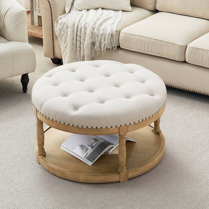 HUIMO 33in Round Upholstered Solid Wood Ottoman Coffee Table with Storage Shelf