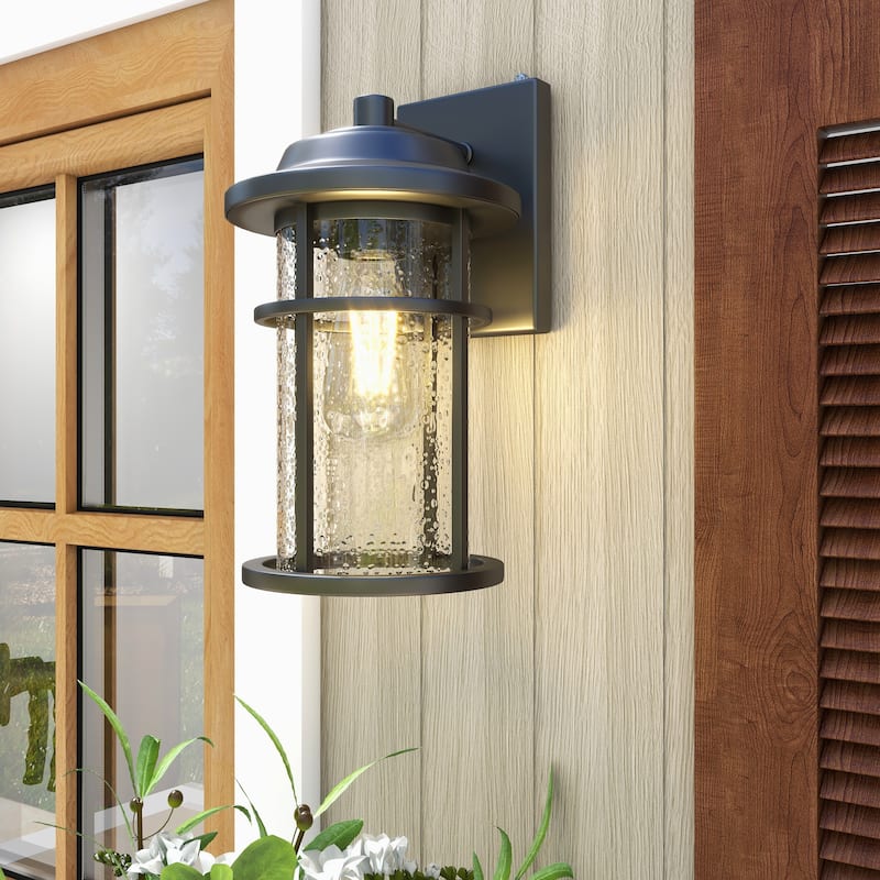 1-Light Seeded Glass Outdoor Wall Lantern With Dusk To Dawn - Matte Black