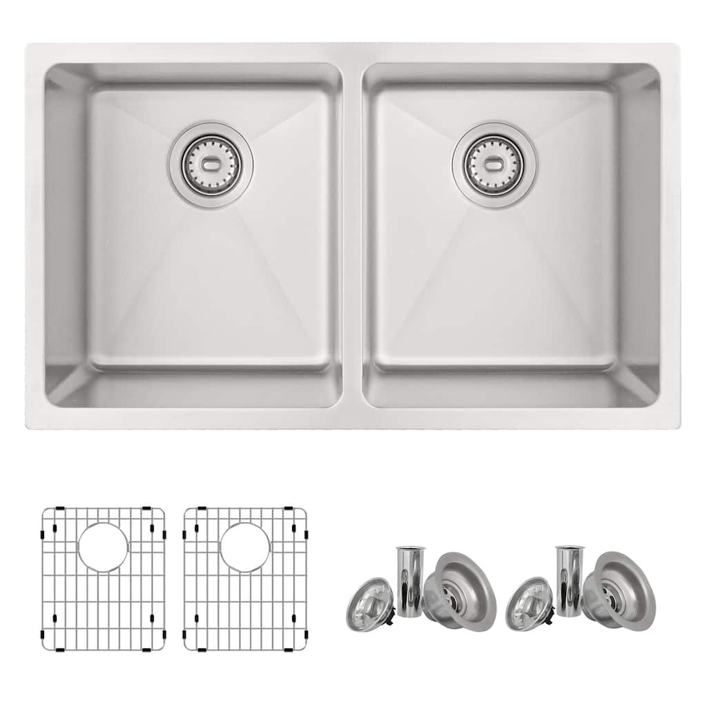 STYLISH Dual Mount 31" Double-Bowl Stainless Steel Kitchen Sink with Grids and Strainers S-401G - 31" x 18" x 9"