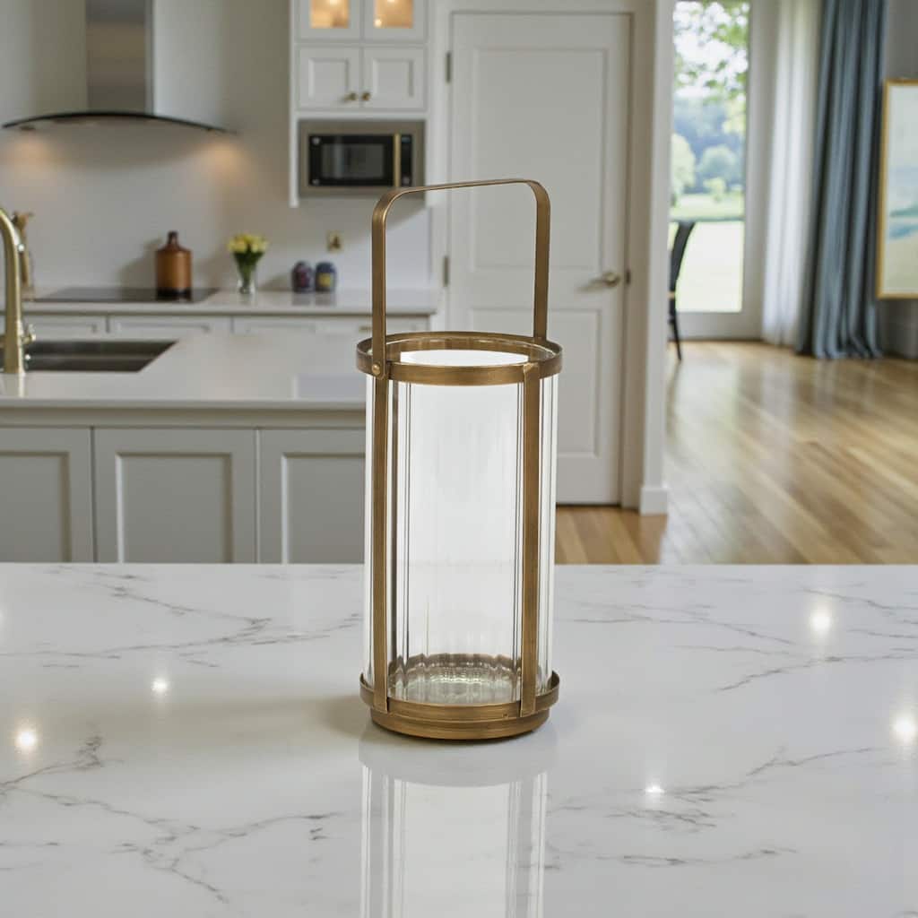 Vortial Fluted Glass Candle Lantern with Gold Metal Frame