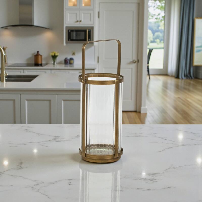 Vortial Fluted Glass Candle Lantern with Gold Metal Frame - Large