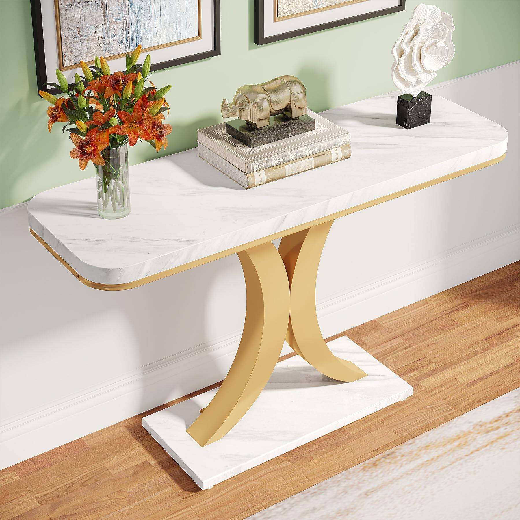 Modern Gold Console Table, 40 inch Narrow Entryway Foyer Table with Geometric Base, Rustic