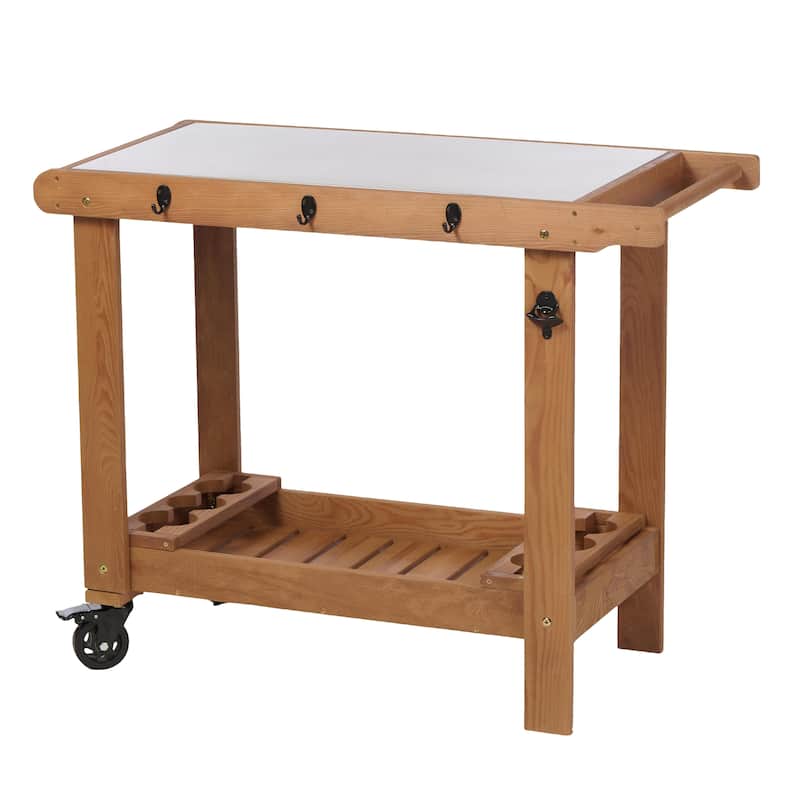 Outdoor Wooden Garden Cart Table with Wheels, Metal Top and Storage Hook, for Patio Backyard Garden - Brown