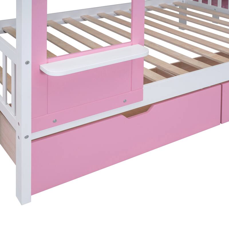 Full-Over-Full Castle Bunk Bed with 2 Drawers Shelves and Slide, Fairytale-Like Atmosphere for Your Lovely Litter Princess