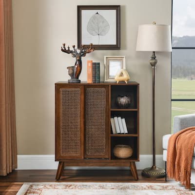 Mid Century Modern Rattan Sideboard, Buffet Cabinet with Adjustable Shelves, Dark Wood