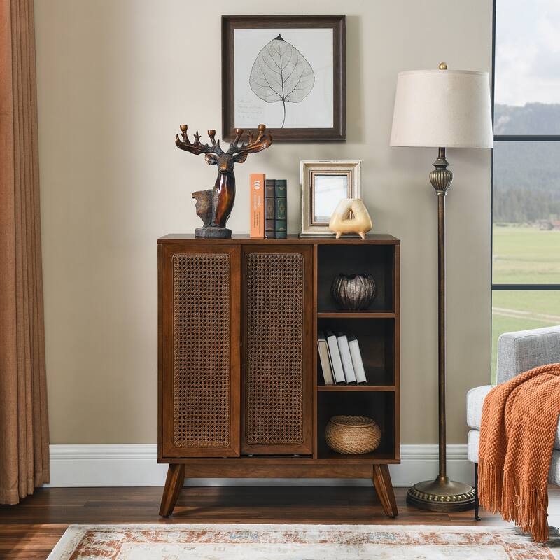Rustic Rattan Sideboard Buffet Storage Cabinet Walnut Entry Side Cabinet - Walnut