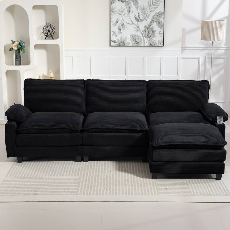 L-Shaped Modular Sectional Sofa with Ottoman, Oversized Corduroy Upholstered Cloud Couch with Cup Holders & Side Pockets