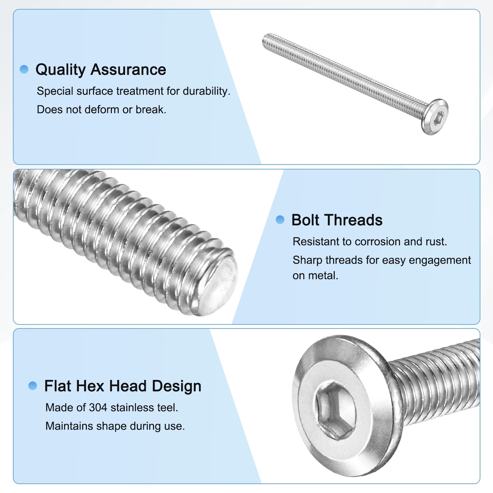 Flat Head Socket Cap Screws 304 Stainless Steel Hex Drive Fastener Kit with Hex Key - Silver