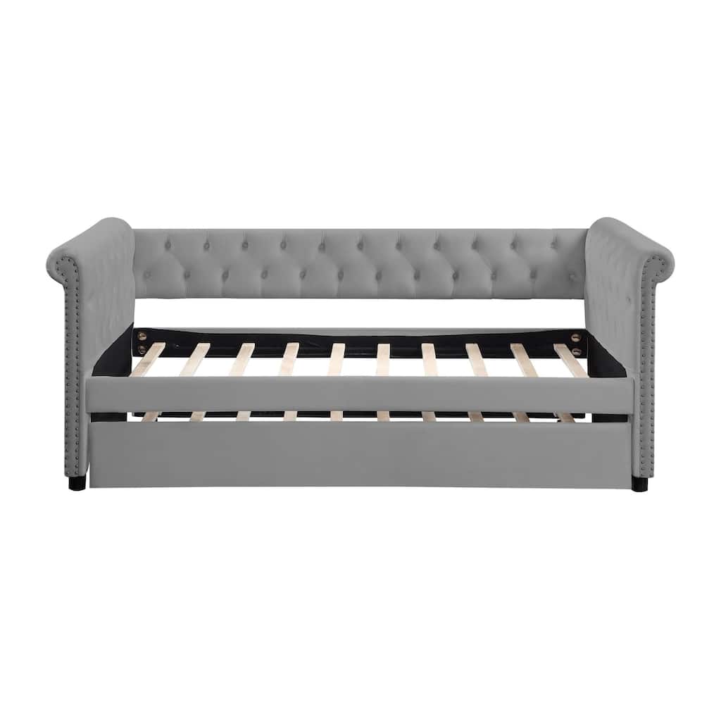 Grey Twin Size Upholstered Velvet Daybed with Trundle and Armset