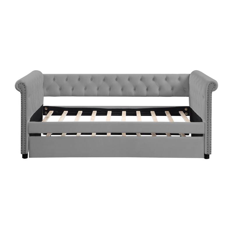 Grey Twin Upholstered Tufted Velvet Daybed with Trundle & Round Armrests - Grey