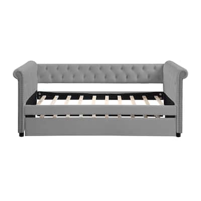 Grey Twin Upholstered Tufted Velvet Daybed with Trundle & Round Armrests