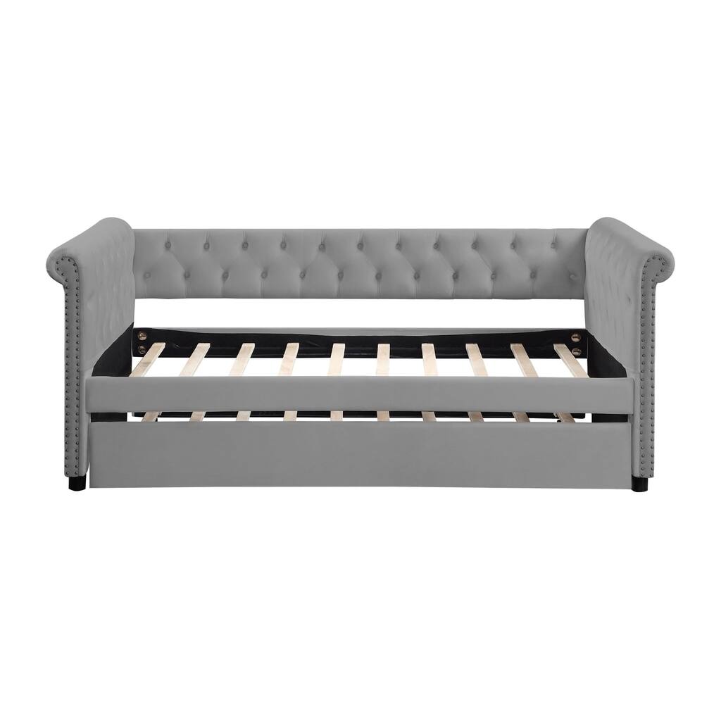 Grey Twin Upholstered Tufted Velvet Daybed with Trundle & Round Armrests
