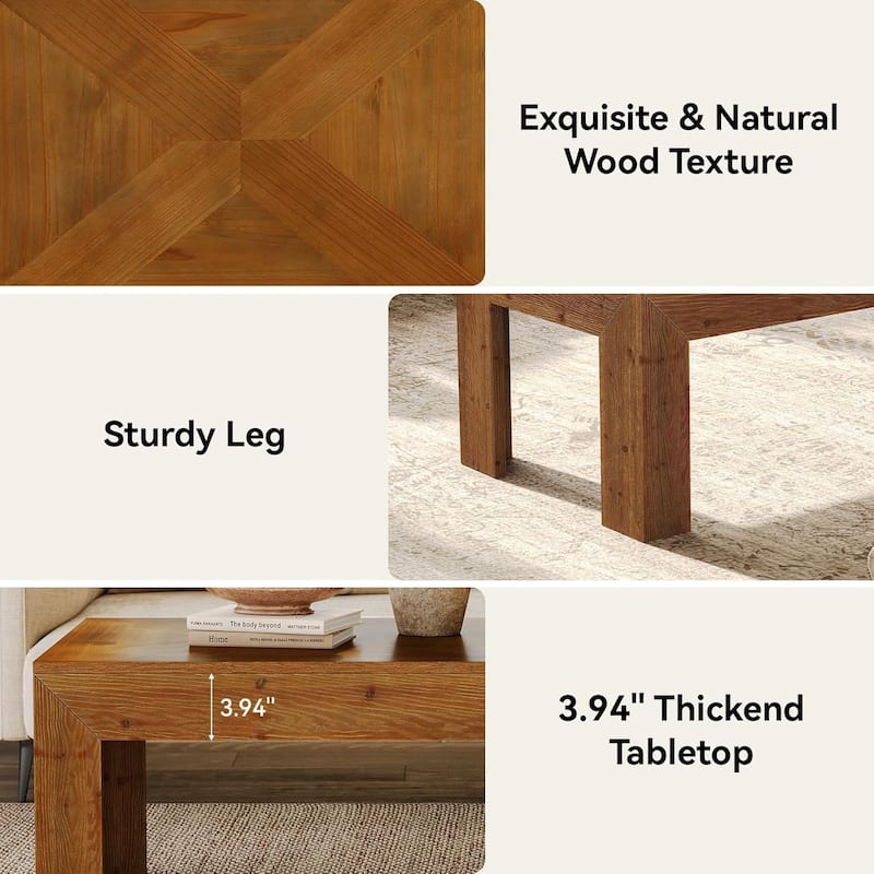 Rectangular Coffee Table, 47-Inch Solid Wood Living Room Coffee Table - 47.2" L × 23.62" W × 17.7" H