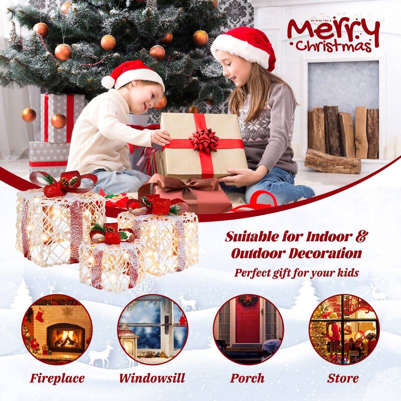 Gymax Set of 3 Christmas Present Boxes Festival Lighted Decor Boxes w/