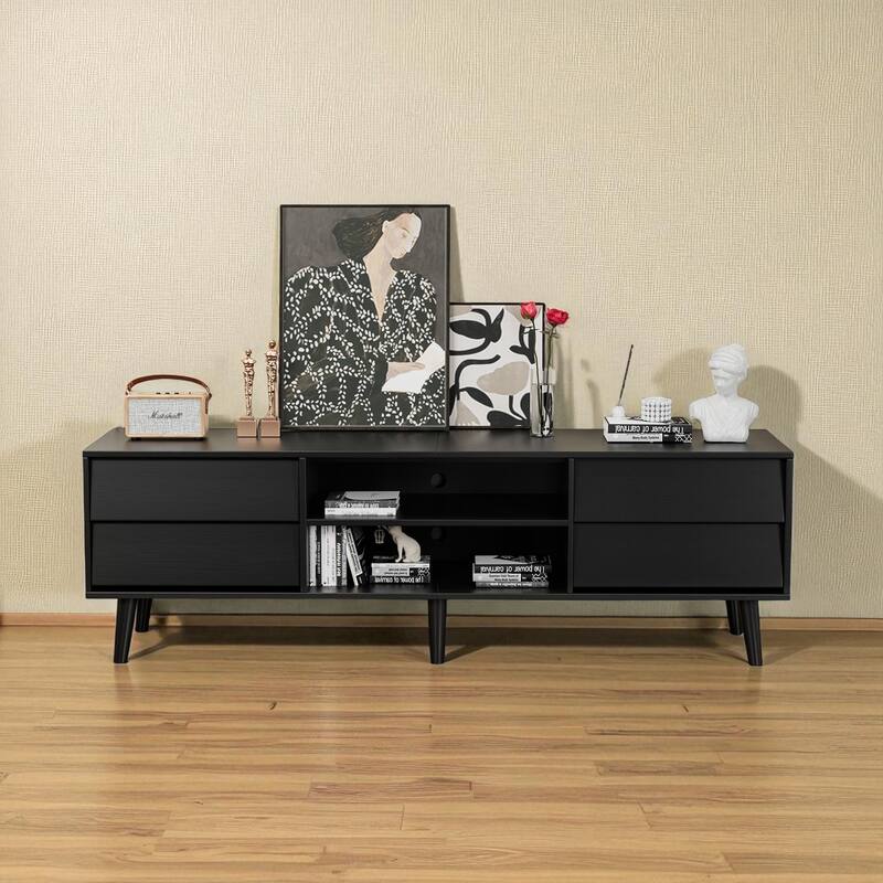 63" Vintage-Style TV Stand with Beveled Design, Media Console with 4 Drawers & 2 Shelves, Solid Wood Legs