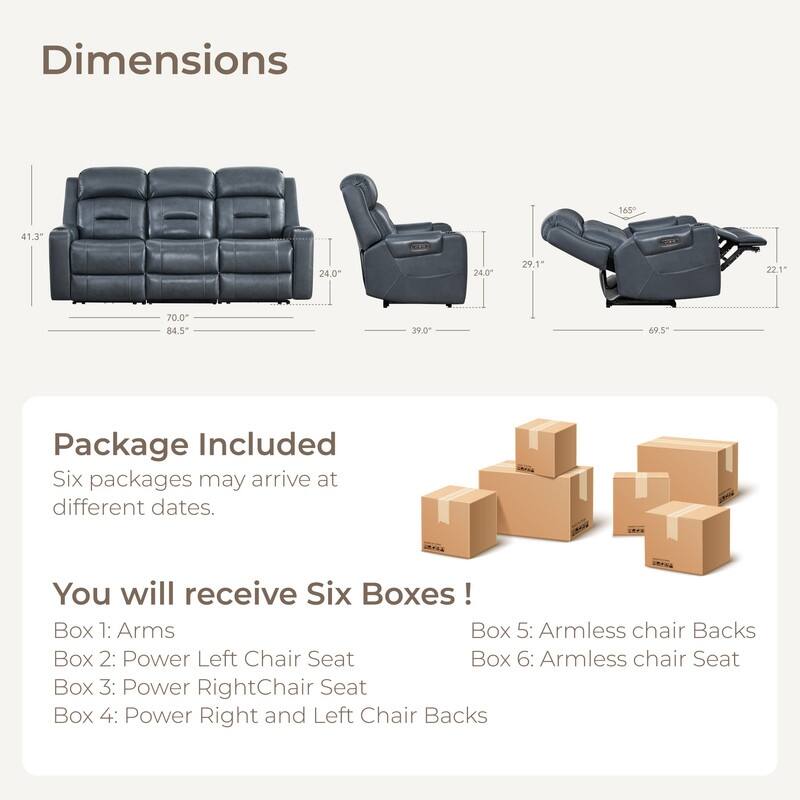 Spruce & Spring Genuine Leather Power Reclining Sofa with Wireless Charging