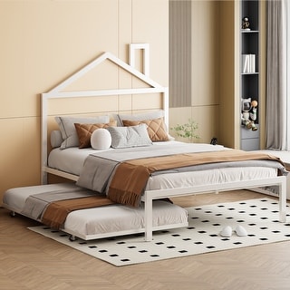 Full Size Metal Platform Bed with trundle, House-Shaped Headboard Design for Kids, Boys and Girls