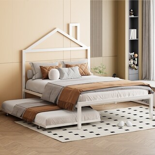 White Full Size Metal Platform Bed with Trundle and House-Shaped Headboard for Kids