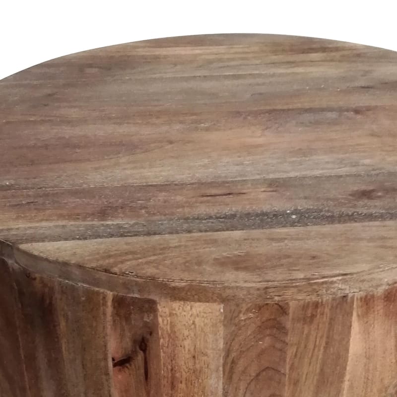 Arthur Handcarved Cylindrical Shape Round Mango Wood Distressed Wooden Side End Table, Brown
