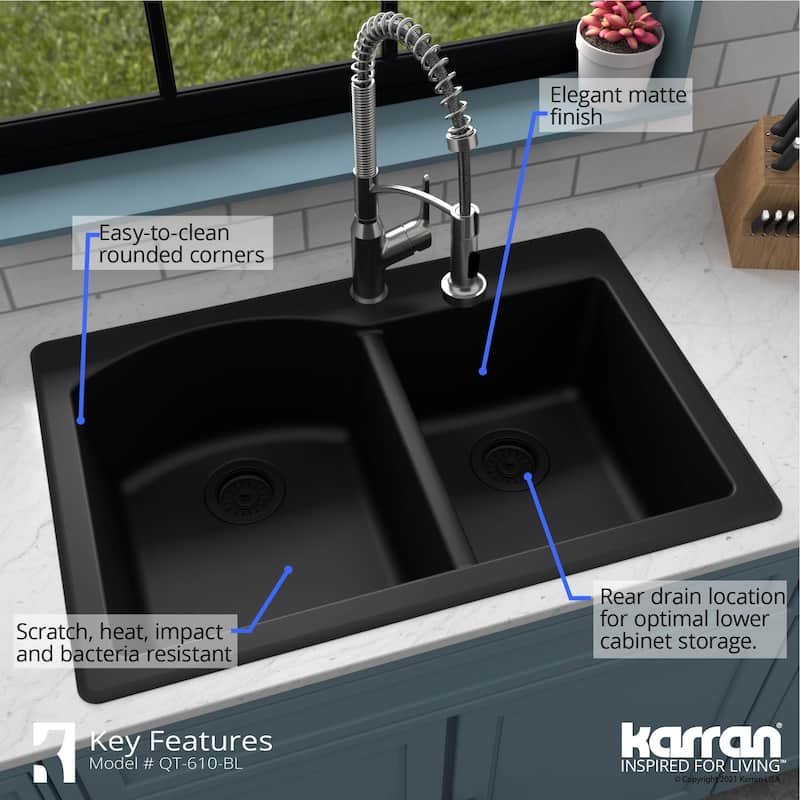 Top Mount 33-inch Large/Small Bowl Quartz Kitchen Sink - 33" x 22" x 9"