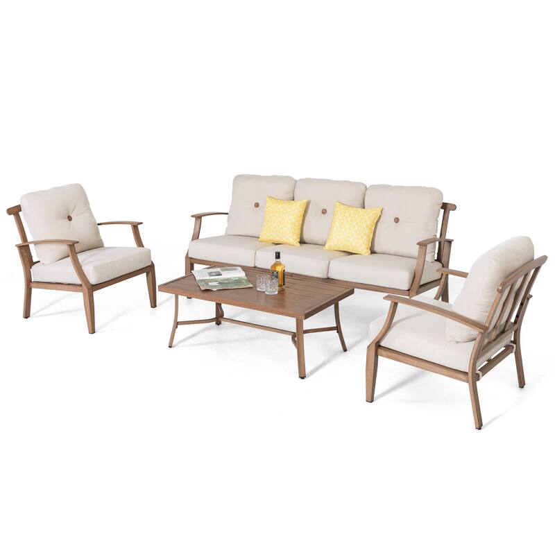 4-Piece Patio Conversation Set with Cushions, Aluminum Frame, Beige