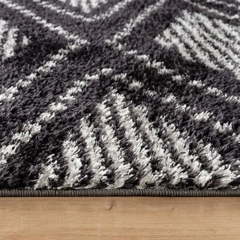Geometric Shag Area Rug - Durable for Living Room, Bedroom - Polyester with Jute Backing - Anthracite Dark Gray and White
