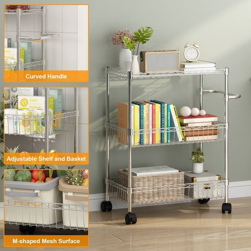 3 Tier Rolling Storage Cart, Adjustable Wire Storage Shelving Unit, Kitchen Organizer Cart Wire Rack On Wheels