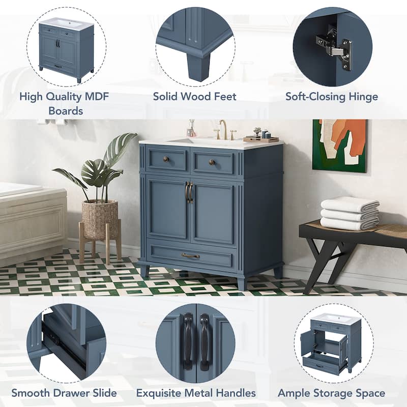 30'' Bathroom Vanity with Ceramic Sink,Solid Wood Frame Bathroom Storage Cabinet with Soft Closing Doors,Retro Style, Blue