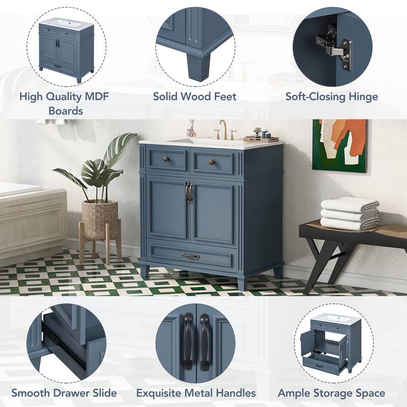 Bathroom Vanity with Resin Sink, Bathroom Cabinet with Soft Closing Doors, Bathroom Vanity Set with Solid Wood Frame