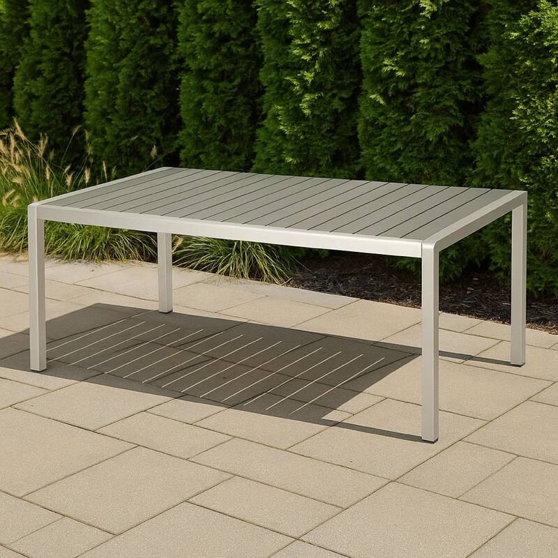 Eoin Outdoor Dining Table, Rectangular 71 Inch Gray Faux Wood, Metal Frame
