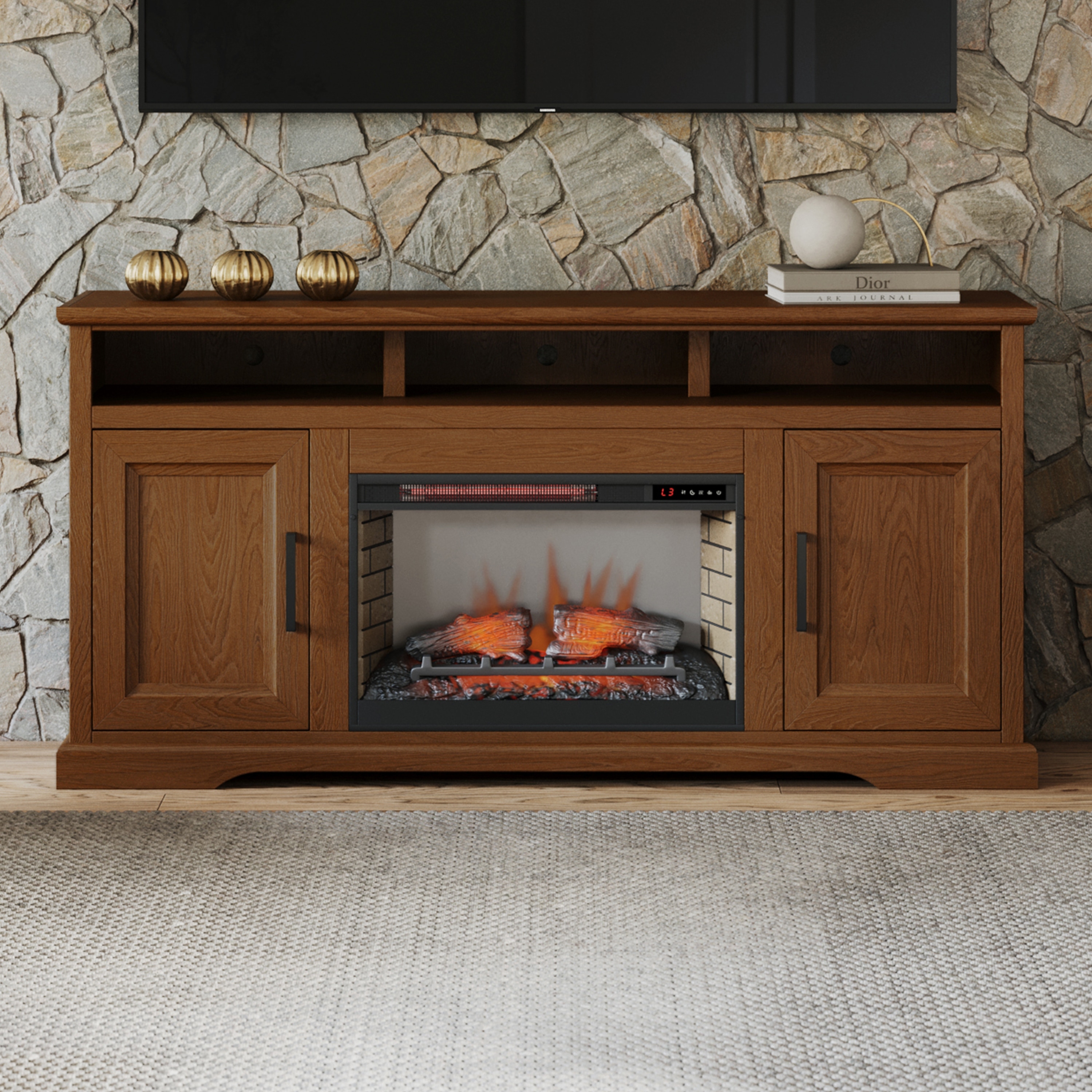 Bridgevine Home Cheyenne 65 Inch Fireplace TV Stand for TVs up to 75 inches, Bourbon Oak Finish