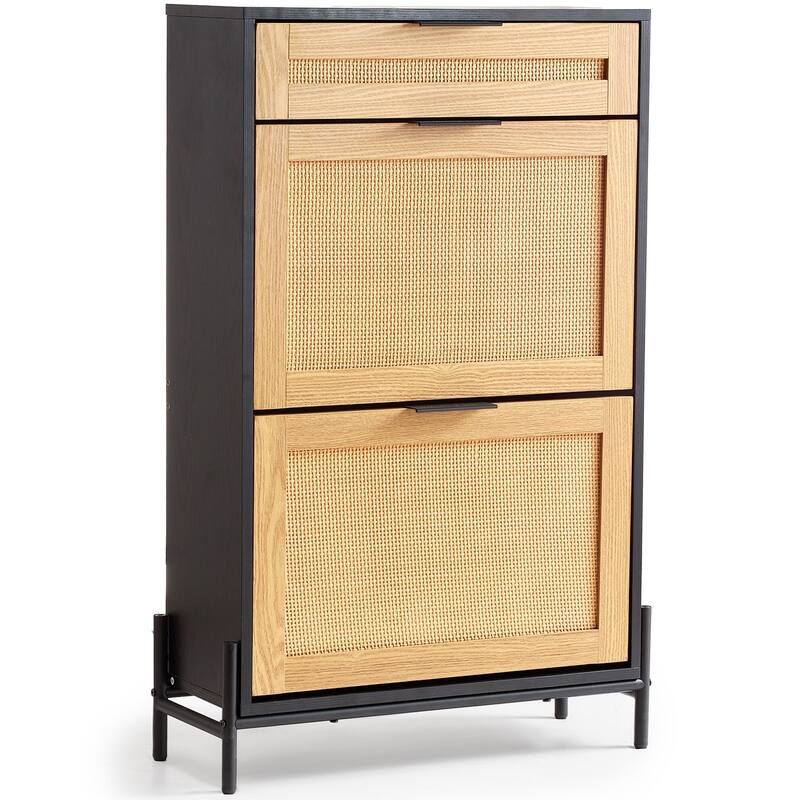Modern Rattan Shoe Cabinet Narrow Wood Entryway Storage with Flip Drawers and Metal Legs - 25.47 x 10.35 x 40.47 inches - Black