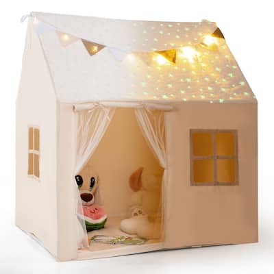 Beige Flannel Kids Playhouse with Glow Stars, Lights, Mesh Windows and Mat - 47" x 41" x 51" (L x W x H)