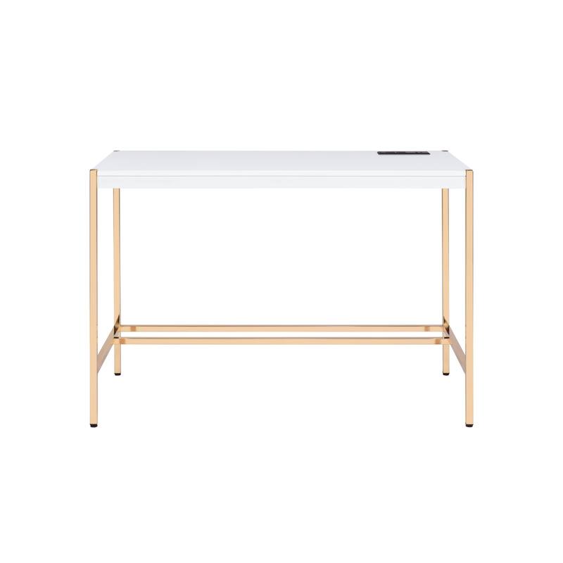 Wood Writing Desk with Gold Metal Base and Built In USB Port - White and Gold