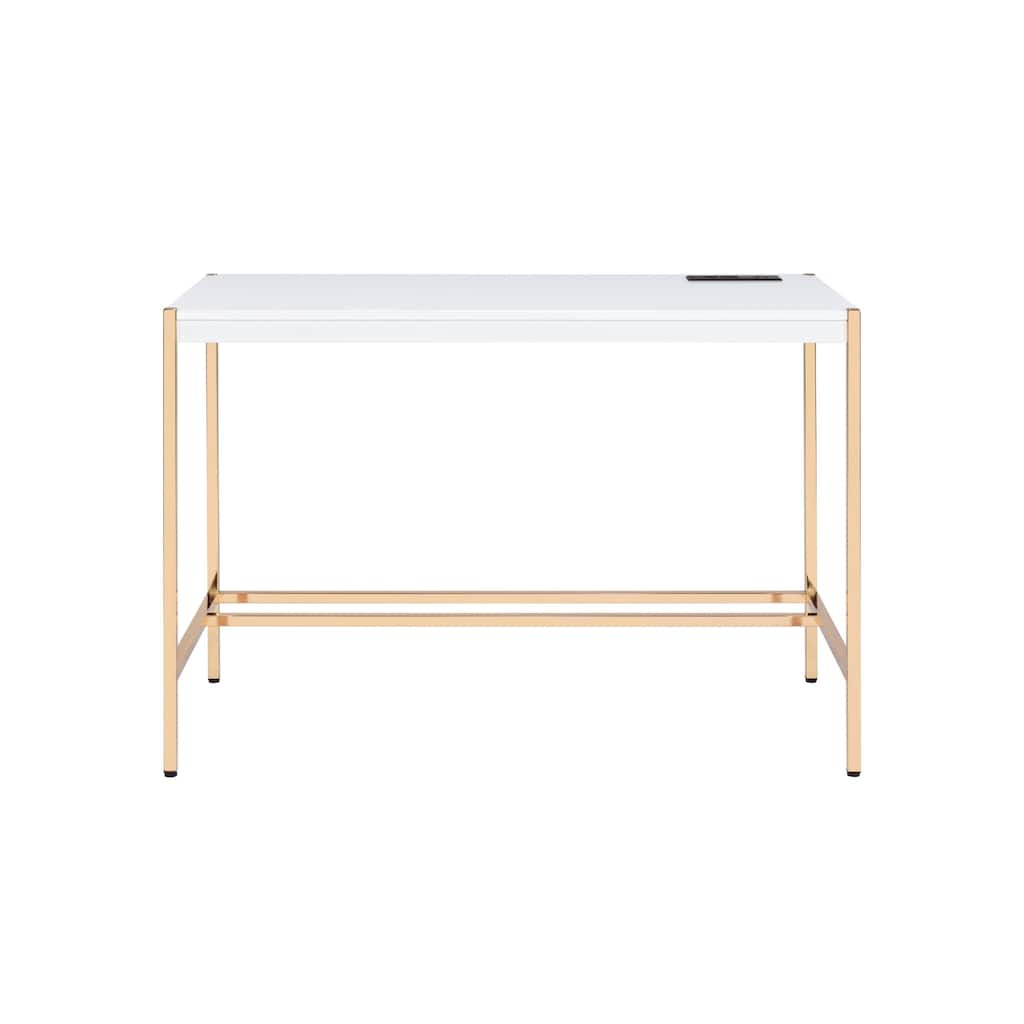 Wood Writing Desk with Gold Metal Base and Built In USB Port