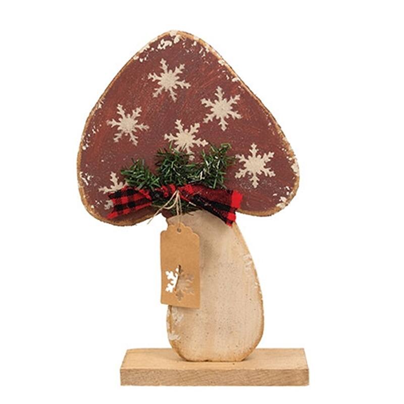 Rustic Wood Glitter Snowflake Mushroom with Bow on Base - 2 Asstd. - 8" x 2.75" x 15"