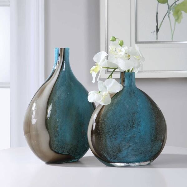 Shop Black Friday Deals On Set Of 2 Sea Blue And Brown Contemporary Vases 13 75 Overstock 30633230