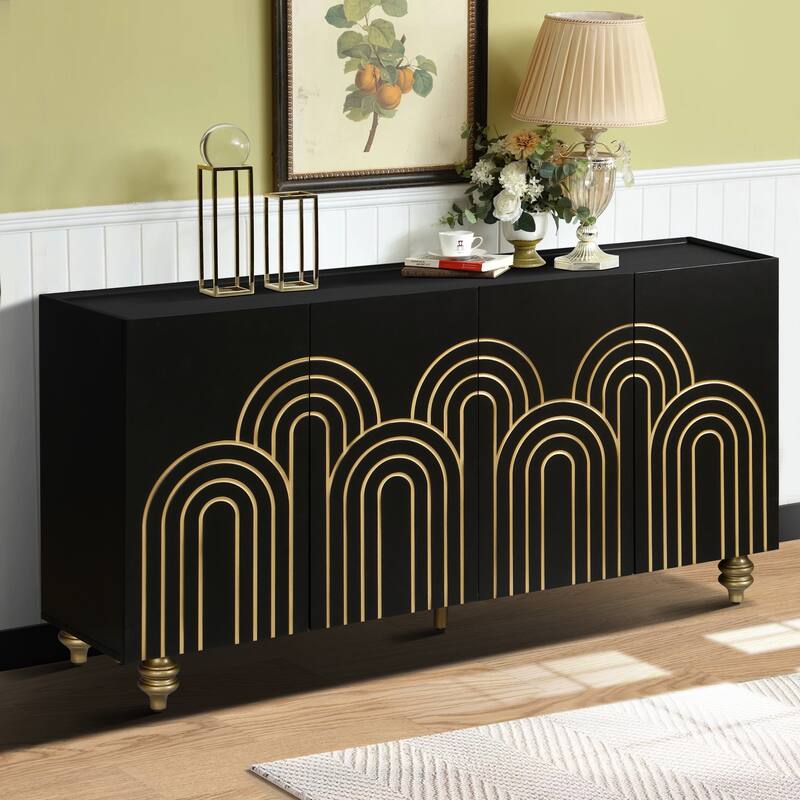Roomfitters Modern Fluted Sideboard, 4-Door Buffet Cabinet with Curved Accents & Adjustable Shelves